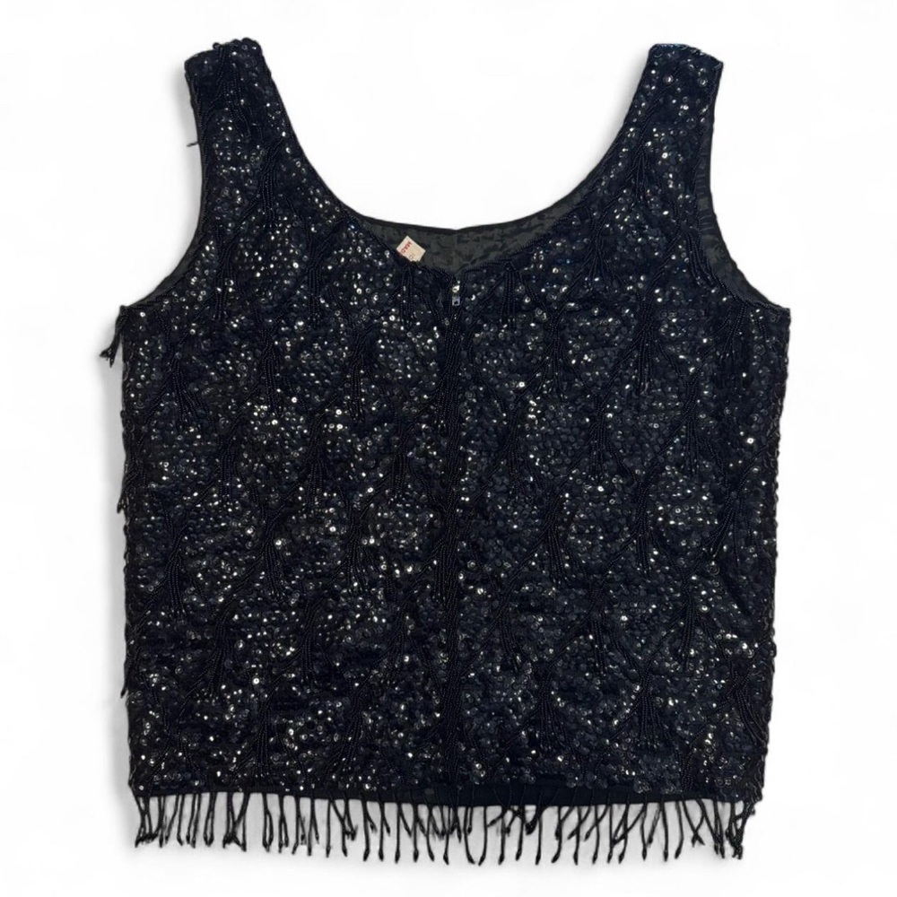 VTG 60s Beaded Sequin Wool Tank Top Black Fringe Flapper Hong Kong S - Picture 2 of 6